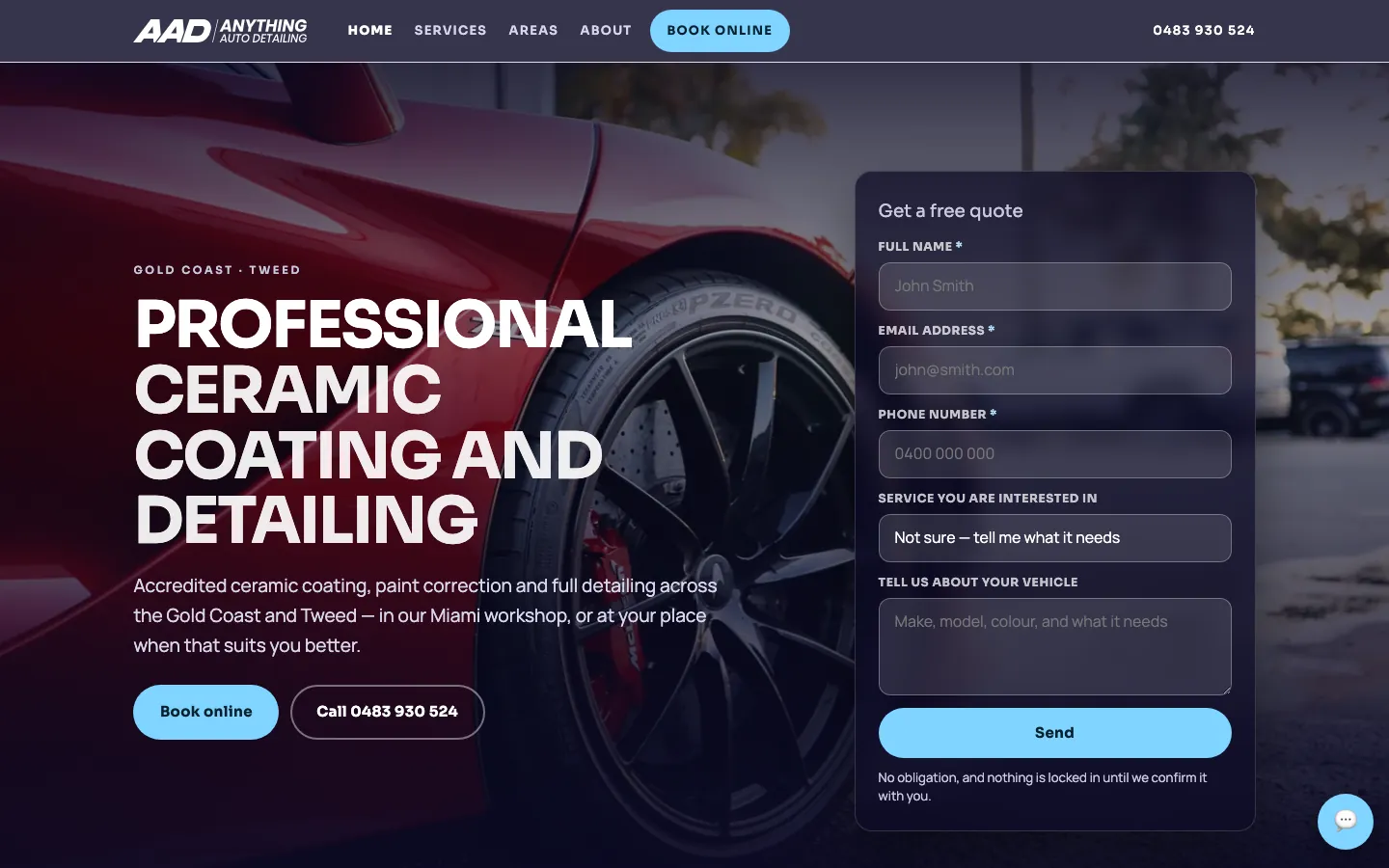 Home page of anythingautodetailing.com.au with the quote form