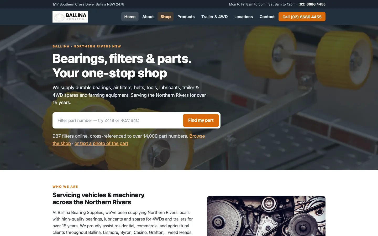 Home page of ballinabearings.com.au with part-number search